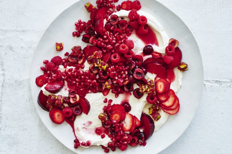 Adam Liaw's red fruit salad with cherry and rosewater cream.