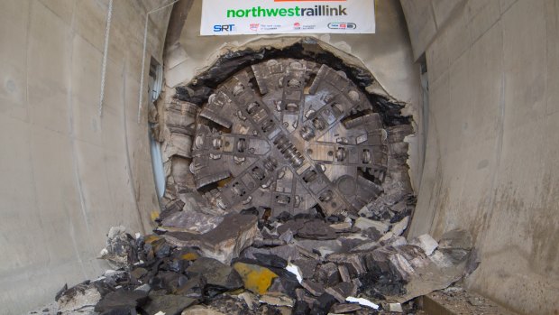 The first tunnel boring machine breaking through at Norwest. 