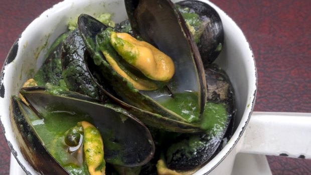 Pot of steamed mussels with parsley sauce and chilli oil dish at the Builders Arms Hotel 