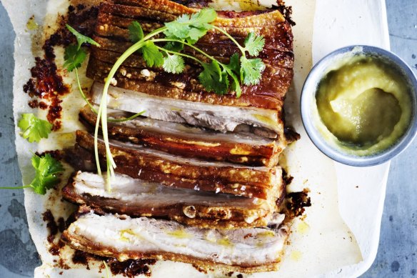 Adam Liaw's quick roast pork belly served with sour applesauce.