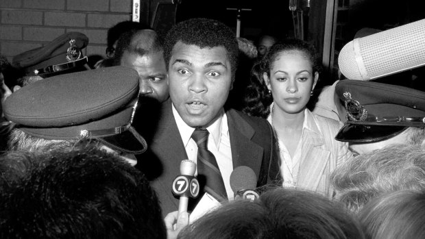 Never caught for words: Muhammad Ali arriving in Sydney on February 20, 1979.