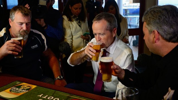 Mr Shorten had a beer with Beaconsfield mine disaster survivors Todd Russell and Brant Webb in Tasmania on Sunday. 