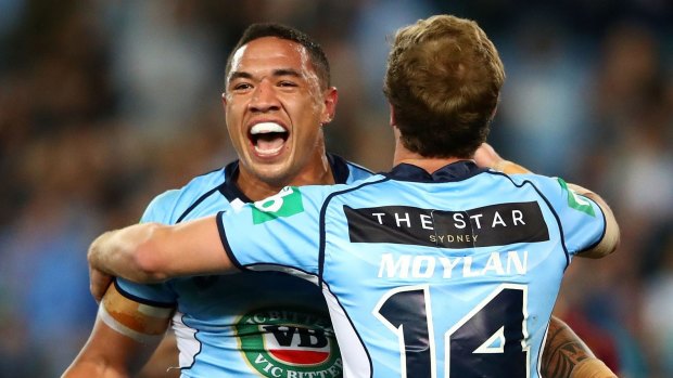 Blues brother: Tyson Frizell celebrates scoring a try during game three of this year's Origin series.
