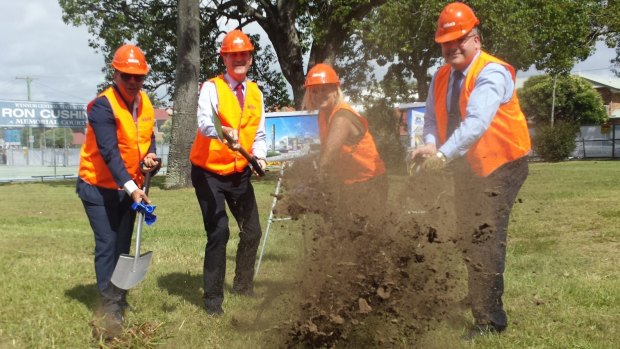 Turning of the sod at the Woolworths and Library development at Wynnum. From left, De Luca Corporation General Manager Nic De Luca, Lord Mayor Graham Quirk, Cr Krista Adams and Woolworths Queensland manager Michael Lange. Photo: supplied
