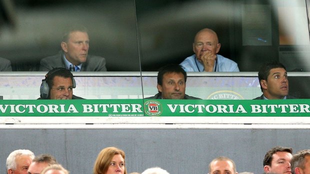 Tense: Bob Fulton (bottom left) and Laurie Daley (centre) watch Wednesday night's match.
