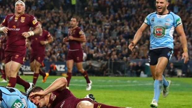 New breed: Boyd Cordner of the Blues celebrates an Origin try. Bob Fulton advises the team captain Laurie Daley.