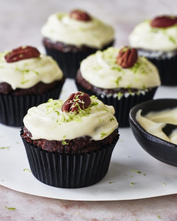Beetroot red velvet muffins with lime cream cheese icing.