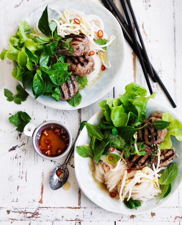 Noodle bowls with Vietnamese pork patties.