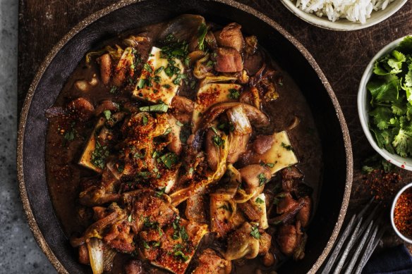 Serve this miso and sake braised chicken and tofu with rice or noodles.
