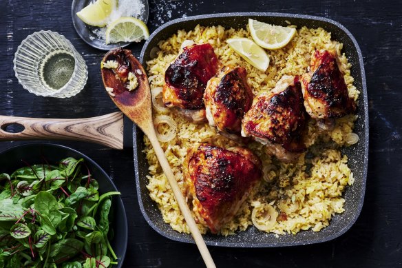 Sticky chicken with saffron baked rice.