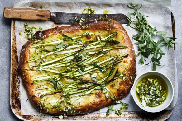 Potato and asparagus pizza with sauce gribiche.  