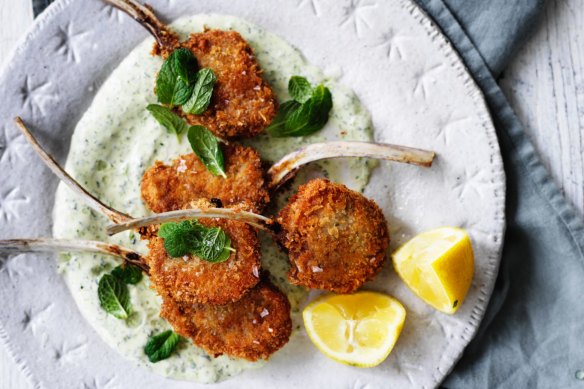Crowd-pleasing crumbed lamb cutlets with minted yoghurt.