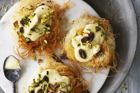 Kataifi pastry nests topped with yuzu cheesecake.