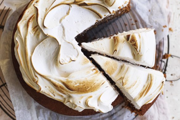 Spiced sweet potato cake with 'marshmallow' topping.