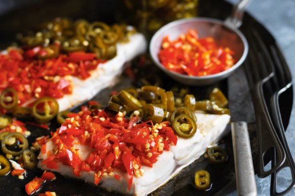 Hunan-style steamed blue-eye trevalla with salted red chilli and pickled green chilli.