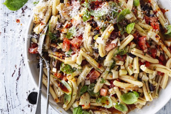 Strozzapreti with fennel, tomato, and olive vinaigrette.