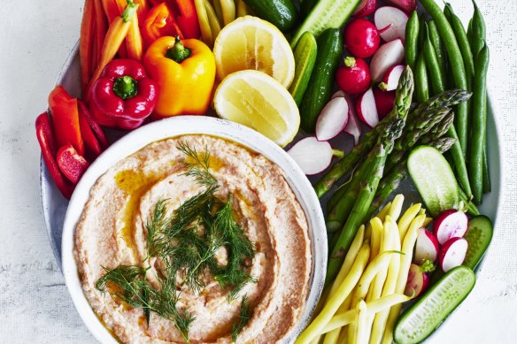Eat the rainbow: Smoked trout dip with colourful crudites.