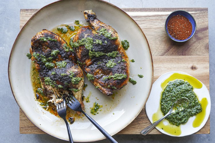 SpiceÂ roastedÂ chicken andÂ chimichurri
KatrinaÂ Meynink's recipes for Good Food November 2021. Please creditÂ KatrinaÂ Meynink. Good Food use only.