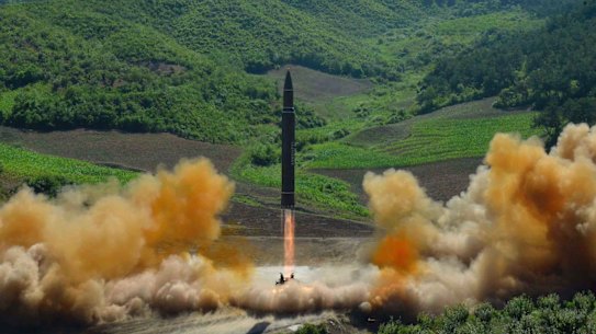 This photo distributed by the North Korean government shows what was said to be the launch of a Hwasong-14 intercontinental ballistic missile in North Korea on Tuesday.
Independent journalists were not given access to the event.