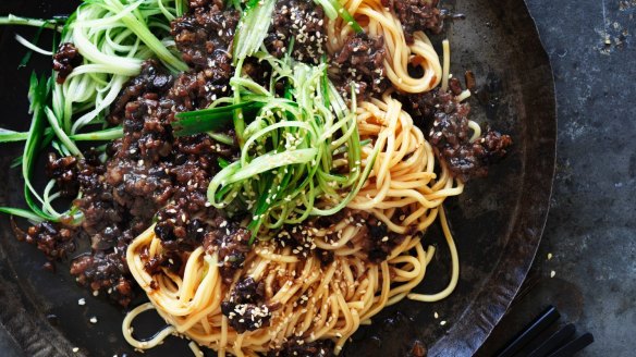 Neil Perry's pork hokkien Noodles with black bean.