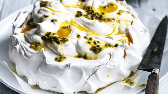 Keep it simple with Neil Perry's classic passionfruit pavlova <a href="http://www.goodfood.com.au/recipes/passionfruit-pavlova-20160126-49jn9"><b>(Recipe here).</b></a>