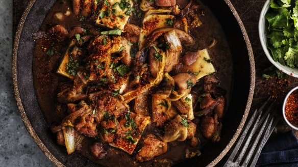 Serve this miso and sake braised chicken and tofu with rice or noodles.