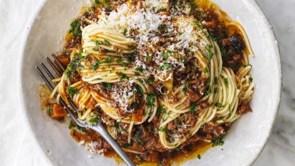 Make-ahead the base of this bolognese sauce and sneak extra veg in there (