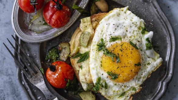 English muffins topped with white beans and cheese (fried egg optional).