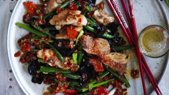 Chicken stir-fried in XO sauce <a href="http://www.goodfood.com.au/good-food/cook/recipe/chicken-stirfried-in-xo-sauce-20140707-3bh8i.html"><b>(recipe here)</b></a>.