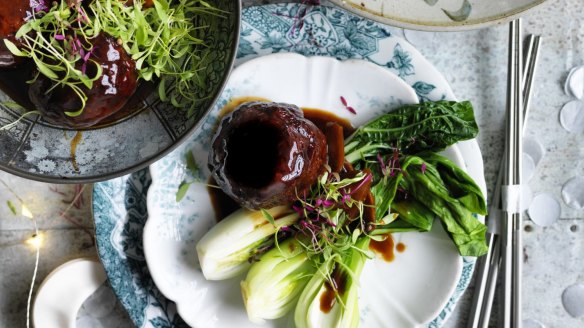 Red-braised 'lion's heads' (meatballs) with bok choy <a href="http://www.goodfood.com.au/good-food/cook/recipe/redbraised-lions-heads-20160202-49w2a.html"><b>(recipe here)</b></a>.