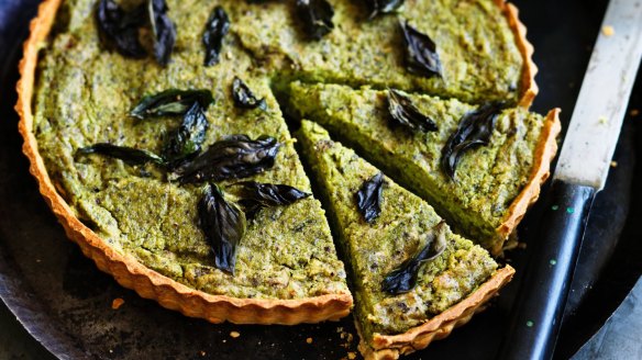 Dan Lepard's vegan pea, basil and eggplant tart.