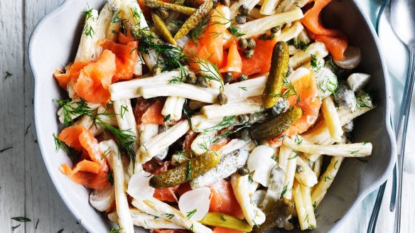 Adam Liaw's pasta salad: Smoked salmon and cornichons with yoghurt, sour cream and dill.
