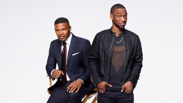 Jamie Foxx, left, is a producer and guest star in White Famous, which stars Jay Pharoah as up-and-coming stand-up Floyd Mooney.