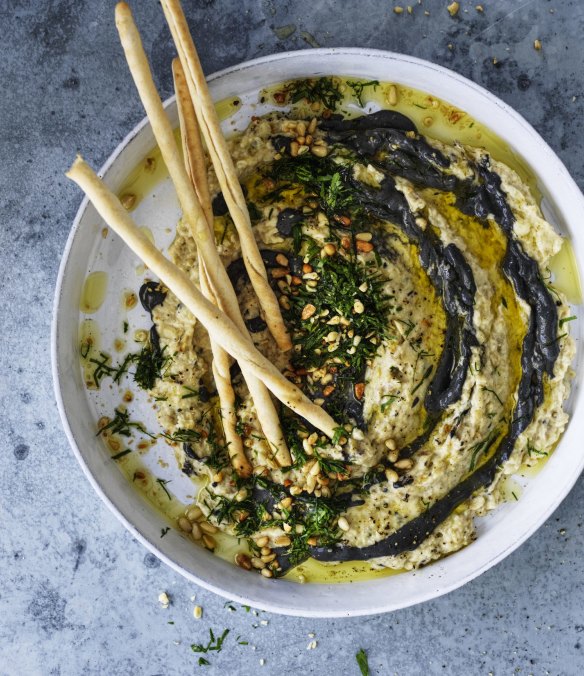 Karen Martini's baba ganoush swirled with black tahini.