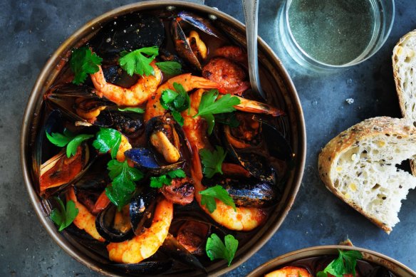 Portuguese mussel, prawn and chorizo cataplana.