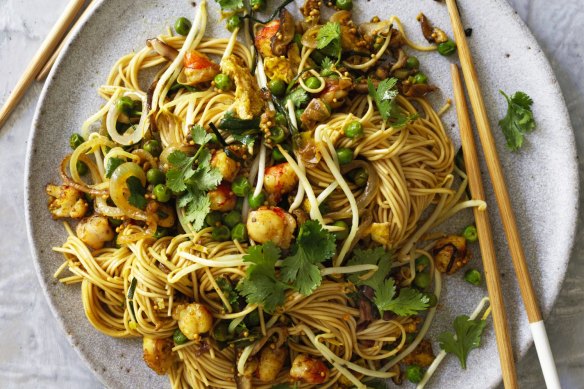 Karen Martini's noodles with curried prawn and egg.