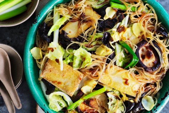 Shiitake, tofu and cabbage stir-fry.