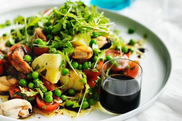 Neil Perry's mussel, cherry tomato, pea and potato salad.