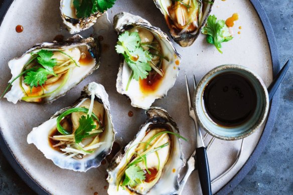 Steamed Sydney rock oysters with ginger, garlic and coriander.