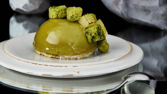 Green tea dome at Yugen Tea Bar, gluten-free and loaded with flavours of matcha and pineapple.