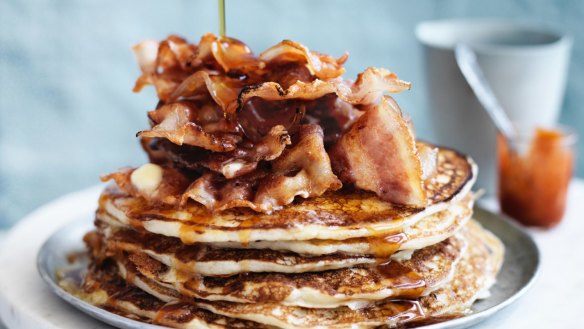 Hot maple syrup drizzled over Canadian flapjacks.