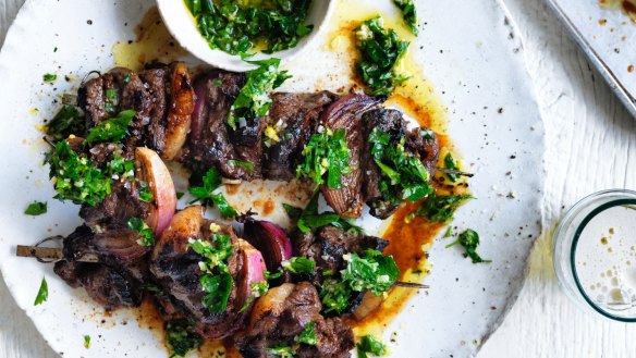 Adam Liaw's garlic and anchovy beef skewers.