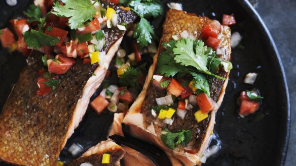 Crispy-skinned barbecue salmon with pebre Photo: William Meppem