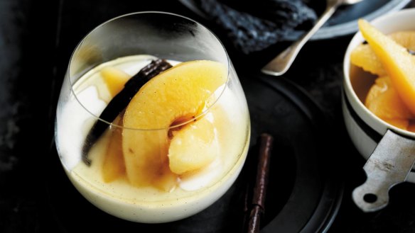 Neil Perry's vanilla buttermilk panna cotta with poached quinces.

