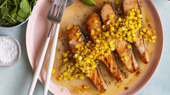 Salmon fillets with buttered garlic corn.