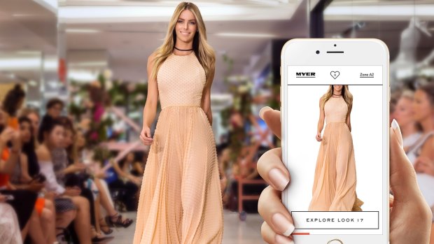 The face of Myer, Jennifer Hawkins, demonstrates the new Catwalk to Cart feature that will debut at the store's Melbourne Fashion Festival show on Friday.