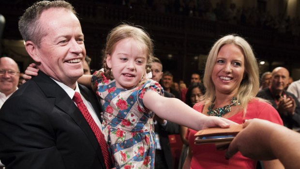 Federal Opposition Leader Bill Shorten with his family at the NSW Labor Conference at Sydney's Town Hall on Saturday. 