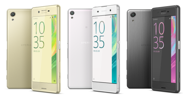 Sony's new Xperia X (left) alongside lower- and higher-powered versions (the XA and X Performance). Each phone comes in white, black, pink or gold.