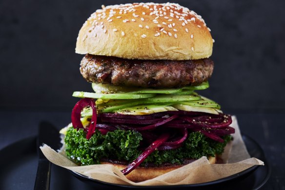 Pork burger with smoky apple BBQ sauce and kale slaw.