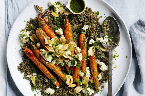 Roast carrot and lentil salad with crispy garlic.